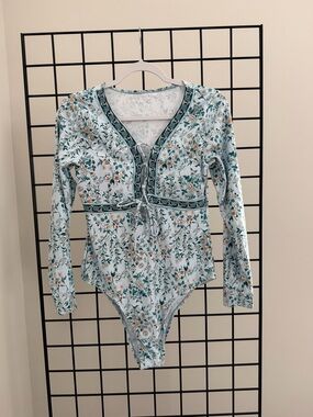 Long-Sleeve Floral One-Piece Swimsuit in Light Blue